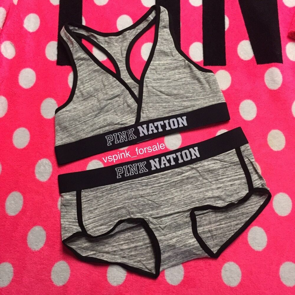 VS PINK L Logo Bra Top + Panty Two Pc Set New Large Gray Black Boyshorts